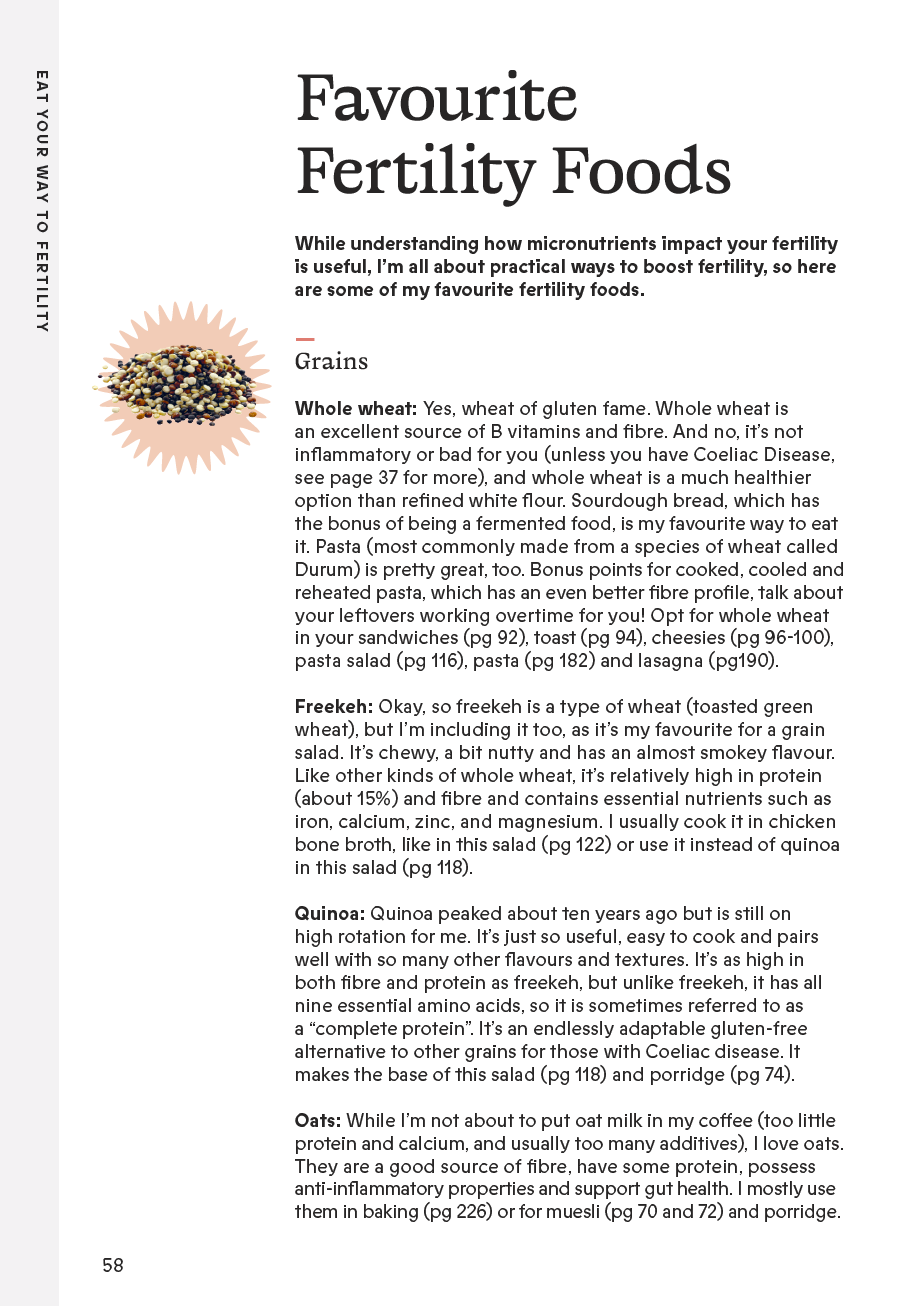 Favourite Fertility Foods page covering whole wheat, freekeh, quinoa and oats
