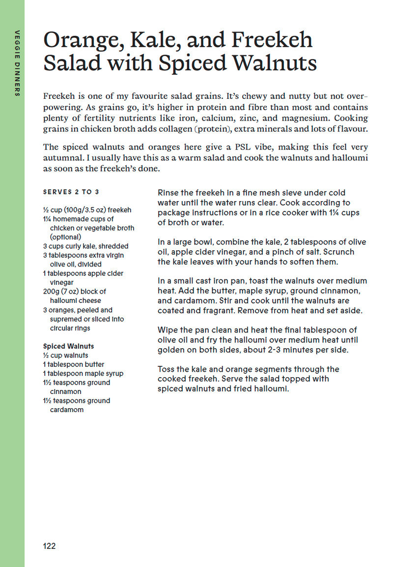 Orange, kale and freekeh salad with spiced walnuts recipe page