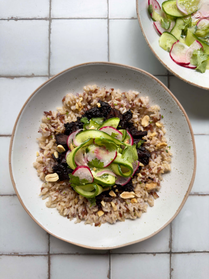 Slow-cooked beef and brown rice bowl with cucumber ribbons, radish, coriander and peanuts