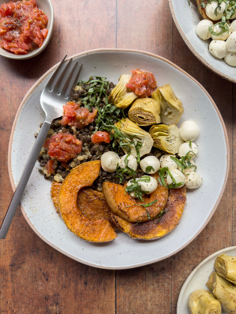 Roasted pumpkin with lentils, artichoke hearts, bocconcini, tomato and basi