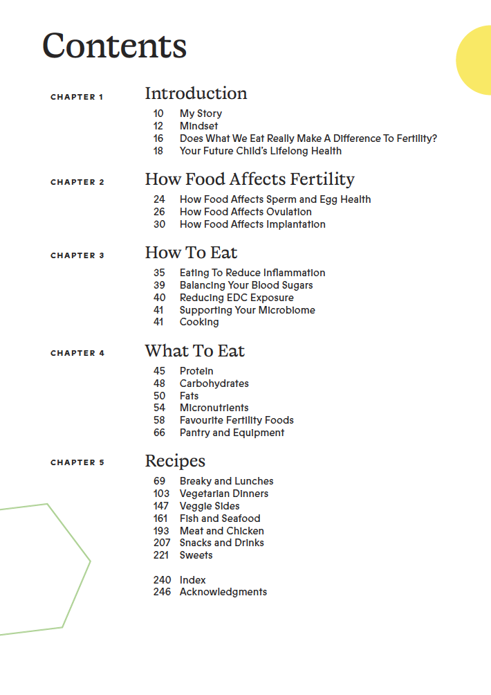 Contents page of Eat Your Way To Fertility listing all five chapters with page numbers